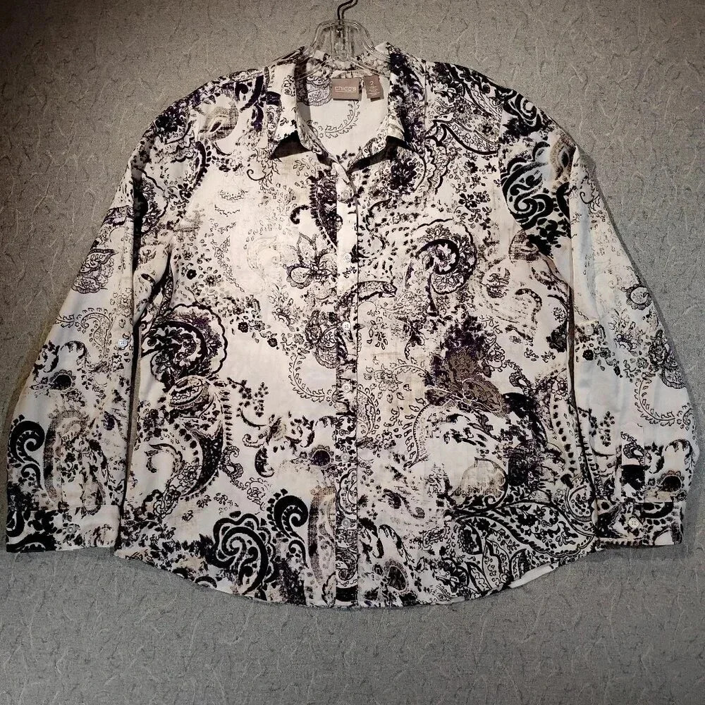 Chico's Women's NWOT Blouse Purple & White Long Adj. Sleeve Button Up in Size 2